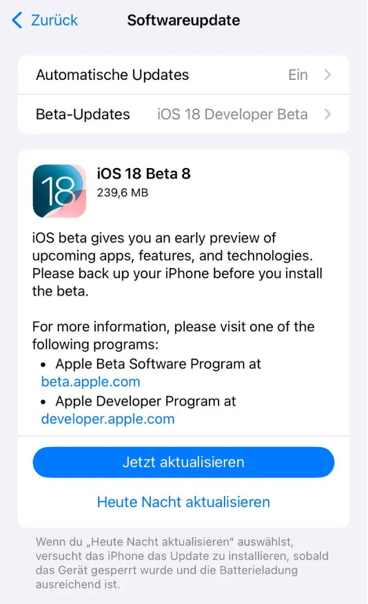 沽源苹果手机维修分享苹果 iOS / iPadOS 18 开发者预览版 Beta 8 发布 